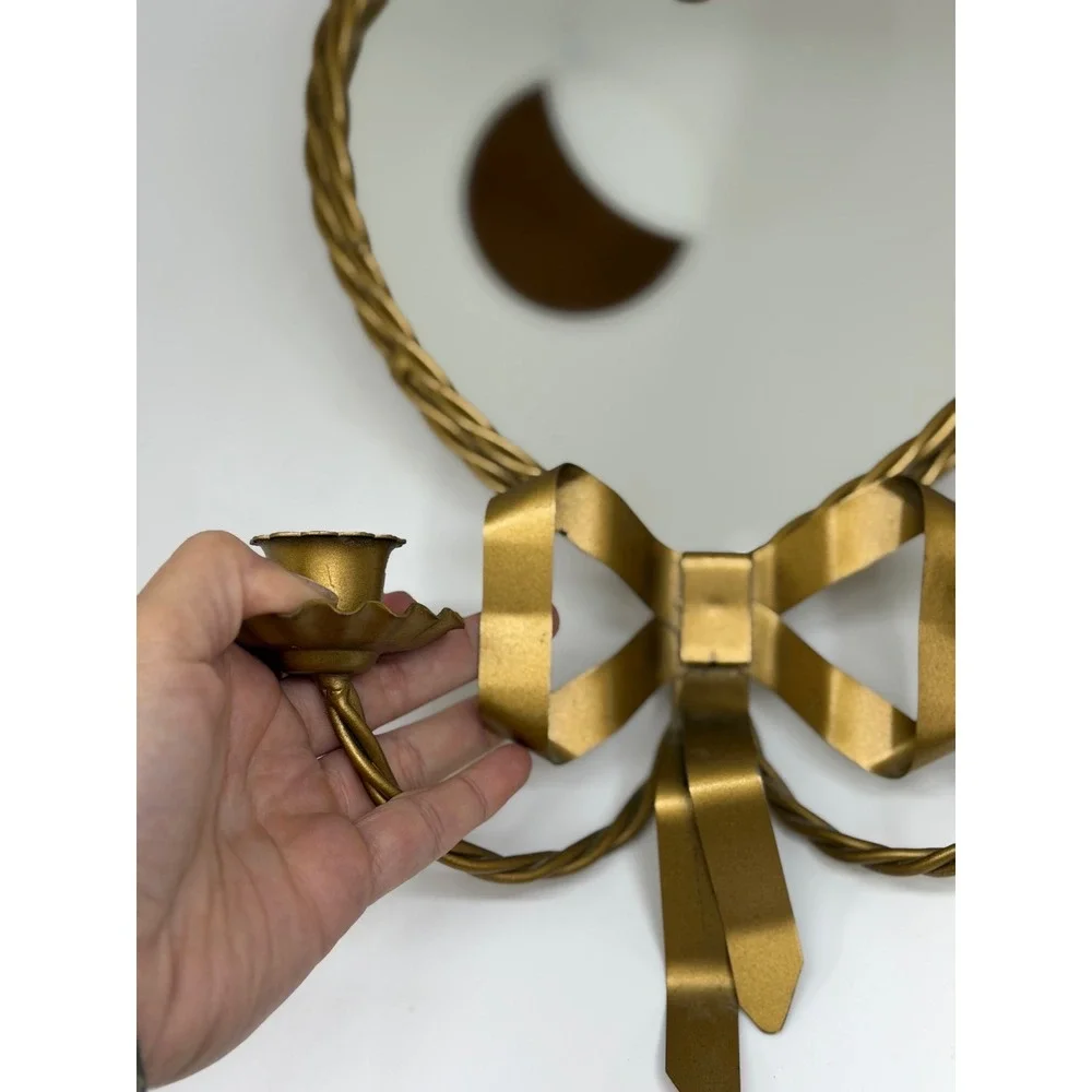 VTG Heart Mirror Candle Sconce Gold Bow Ribbon Twisted Metal Hollywood Regency